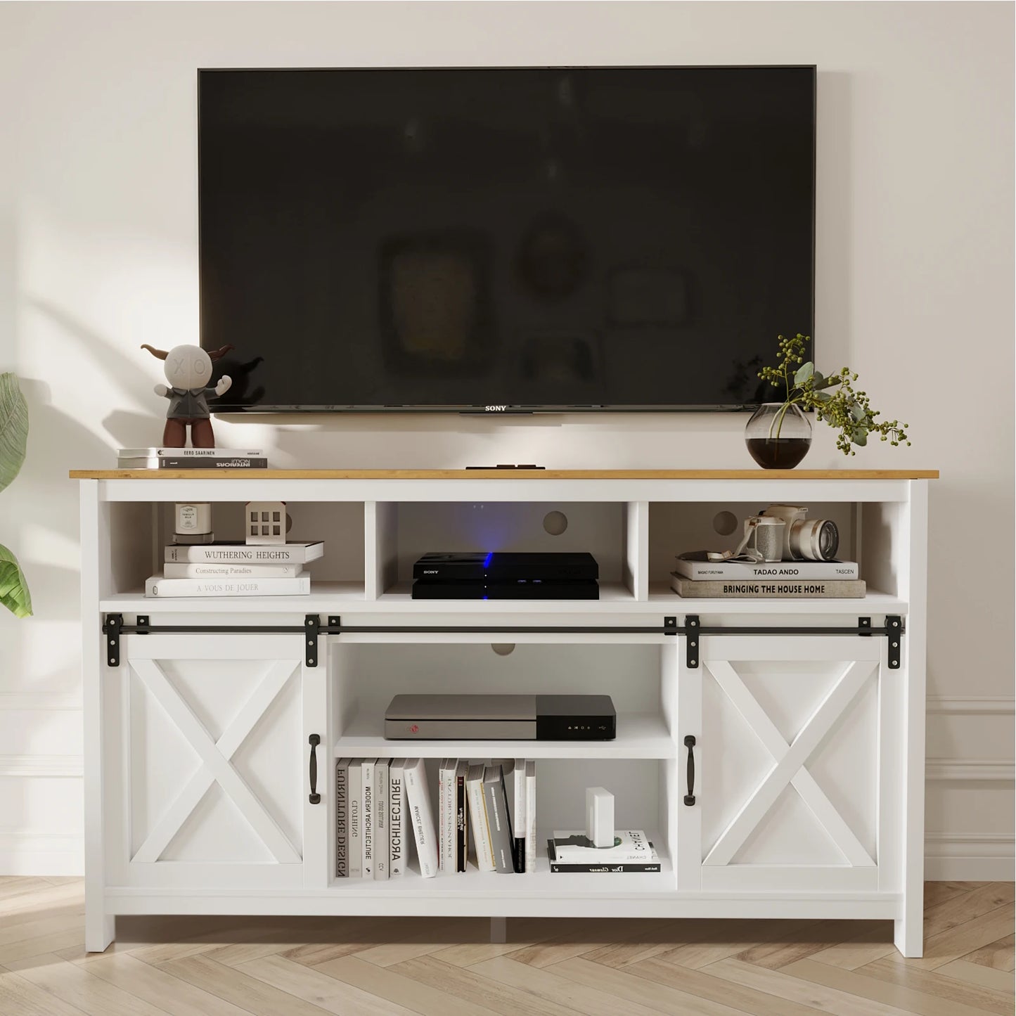 TV Stand Farmhouse Coffee Bar Cabinet Rustic Sliding Barn Door Storage Cabinet with Power Outlet & LED Light, Wooden TV Cabinet
