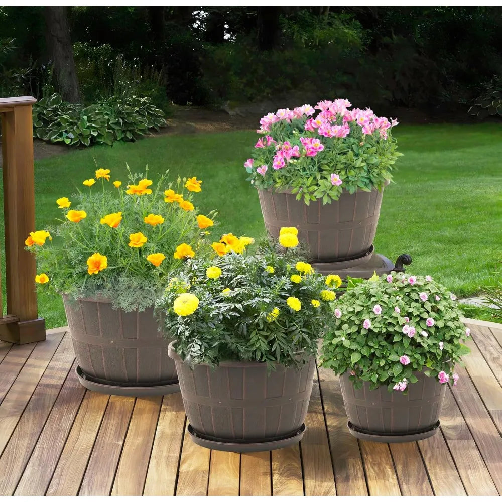 10 Inch Plastic Flower Pots 4 Pack with Drainage Saucers for Indoor Outdoor Garden Plants