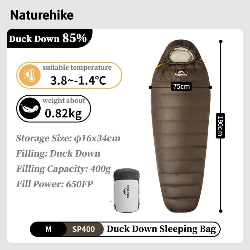 Naturehike Upgraded SP400 650FP Ultralight Sleeping Bag Camping Travel Hiking Duck Down Mummy Sleeping Bags for Winter Autumn