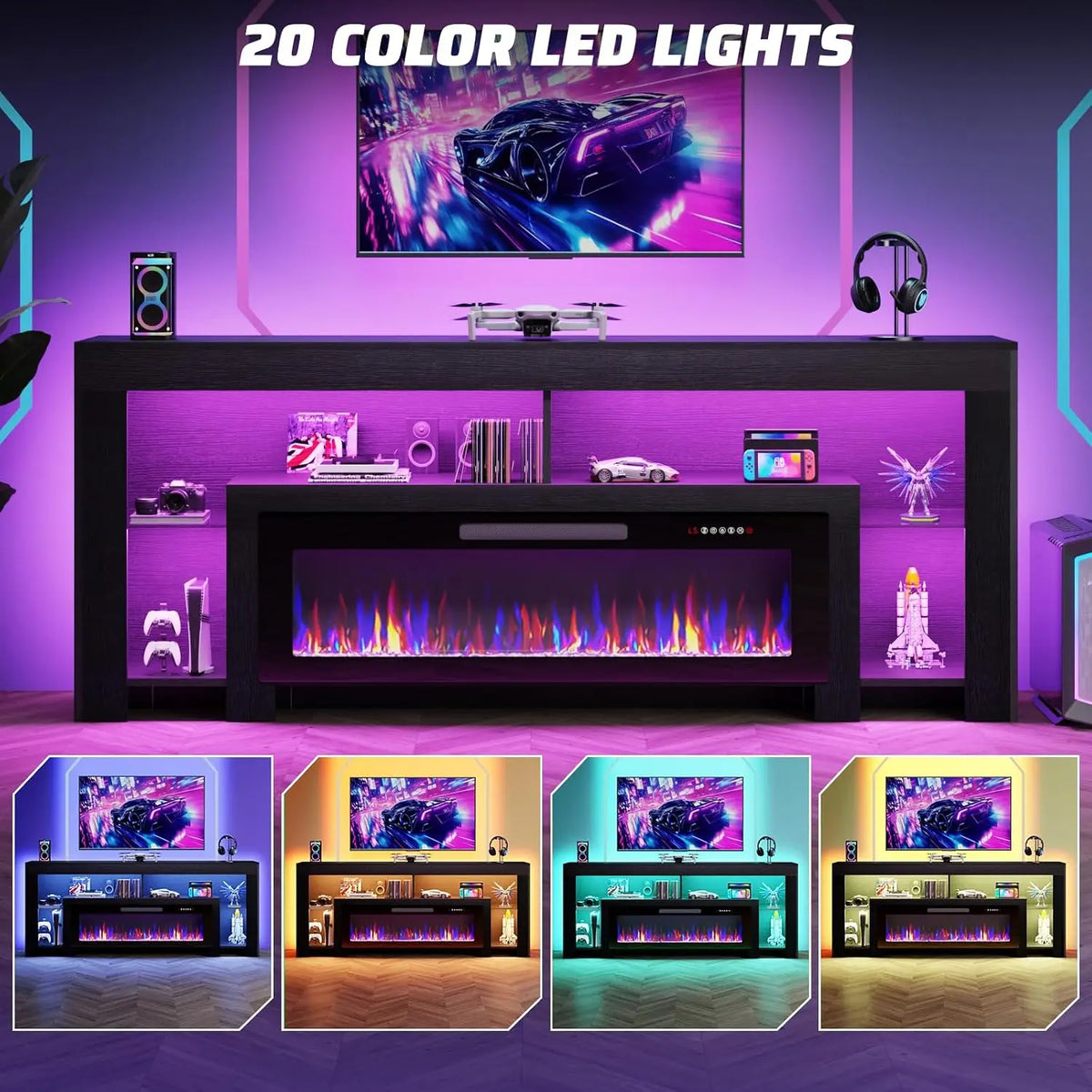 80" Modern Fireplace TV Stand with 50" Electric Fireplace Up to 90" TVs, Gaming Entertainment Center with 20 Color, Customized