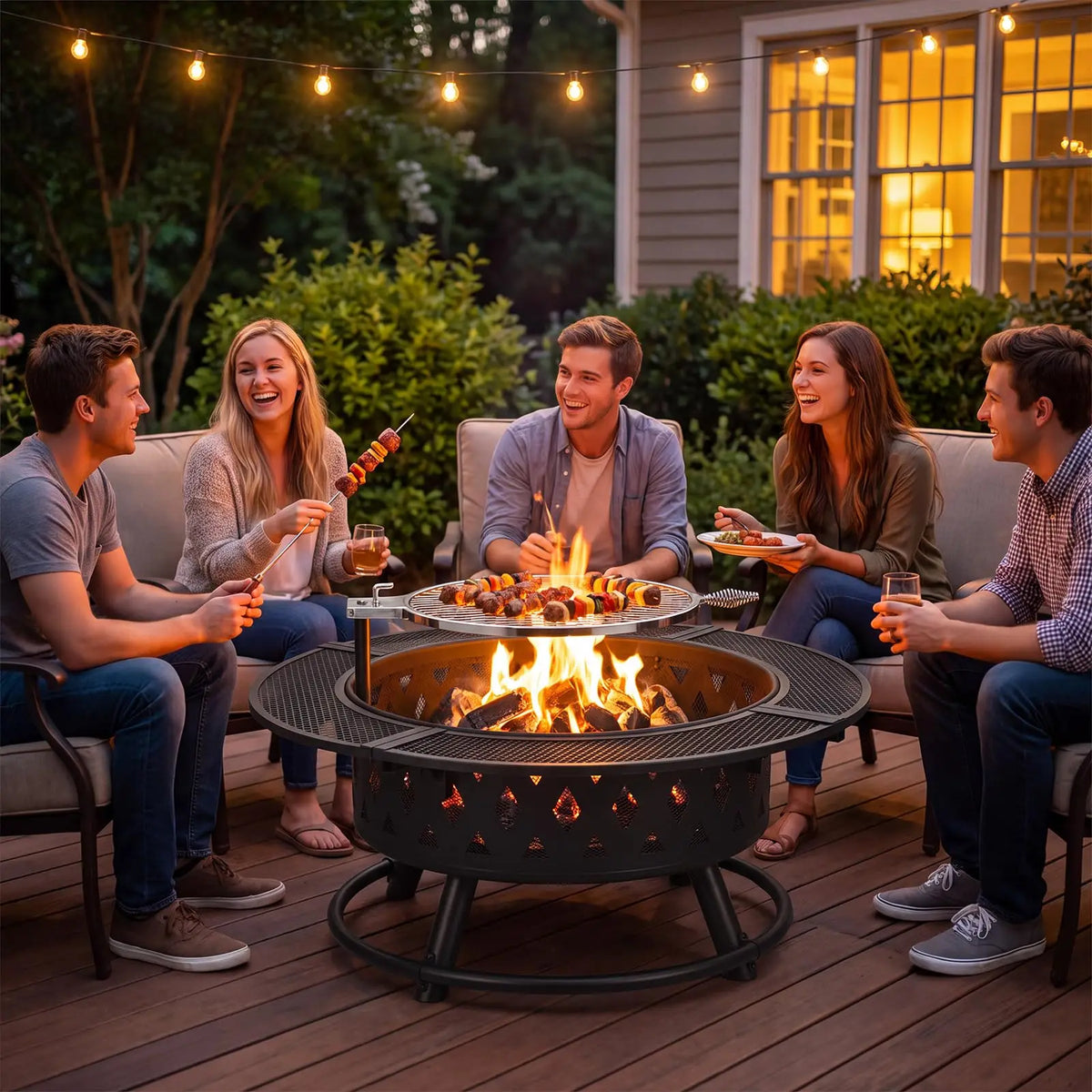 39 Inch Wood Burning Fire Pit With Grill Grate, Round Outdoor Firepit Table With Mesh Guard For Patio Backyard Bbq Camping