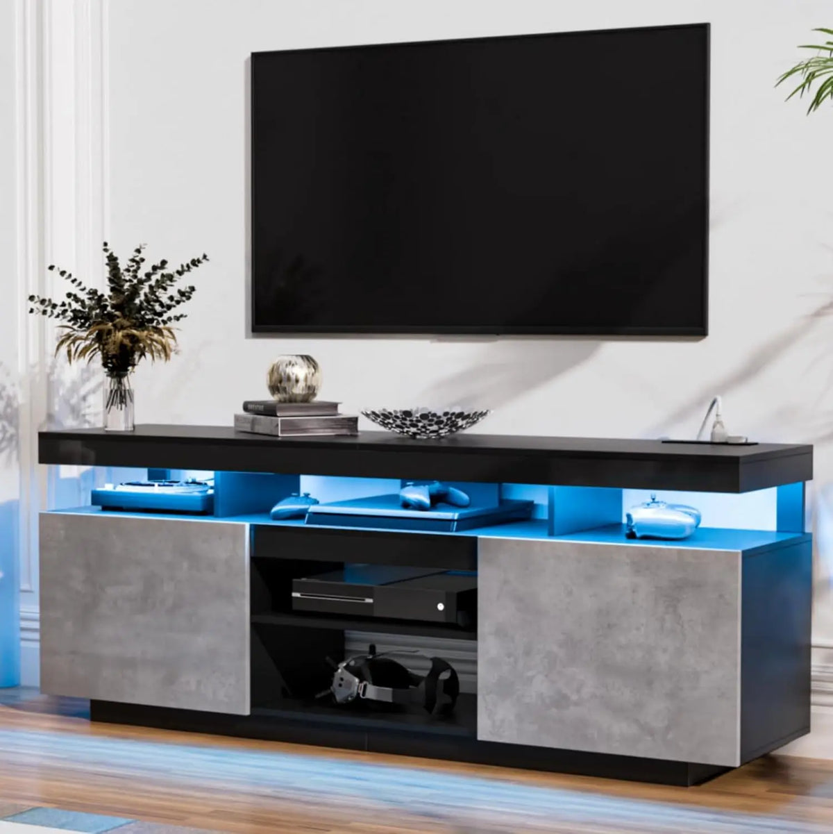 70 Inch LED TV Stand with Power Outlets, Modern Entertainment Center with LED Lights for Living Room, Black Grey, Customized