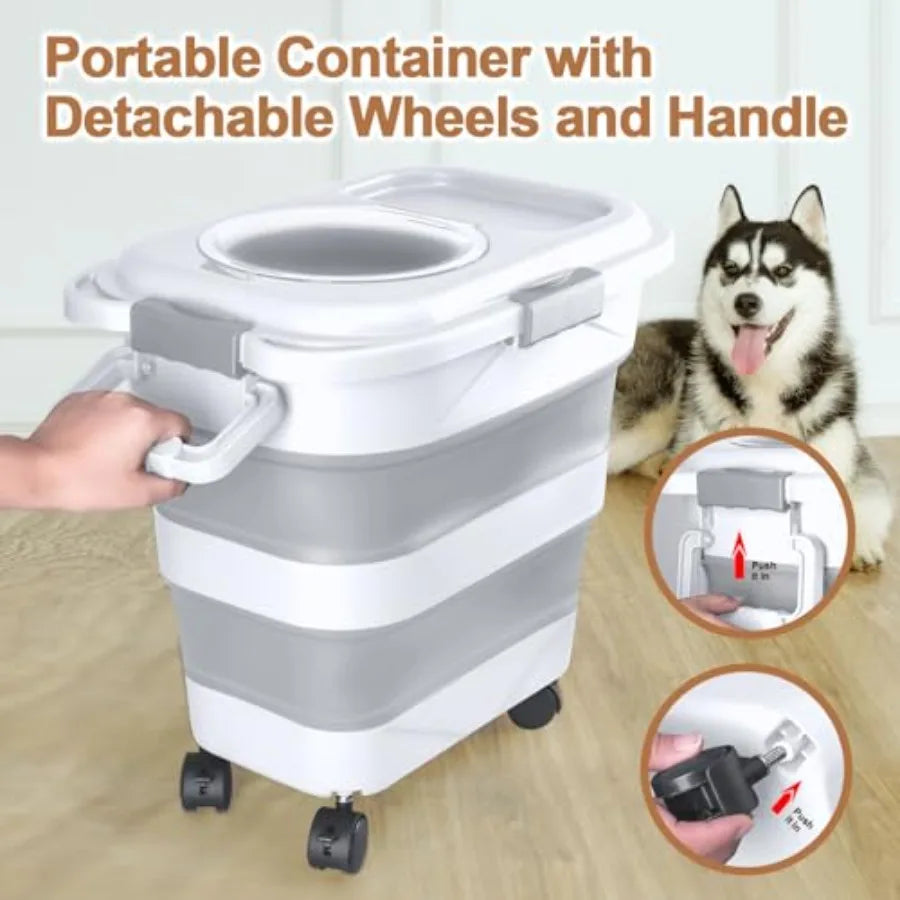 Dog Food Storage Container, 10-20 lbs Airtight Collapsible Cat Food Storage Container with Attachable Wheels, Portable Handle,