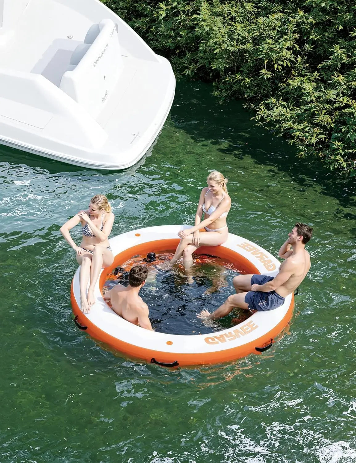 Round Inflatable Floating Platform, PVC Water Float Dock for Lake Pool and Boat, 8 x 8 ft Floating Island with 6 ft Open Center, White Blue Recreational Swim Raft