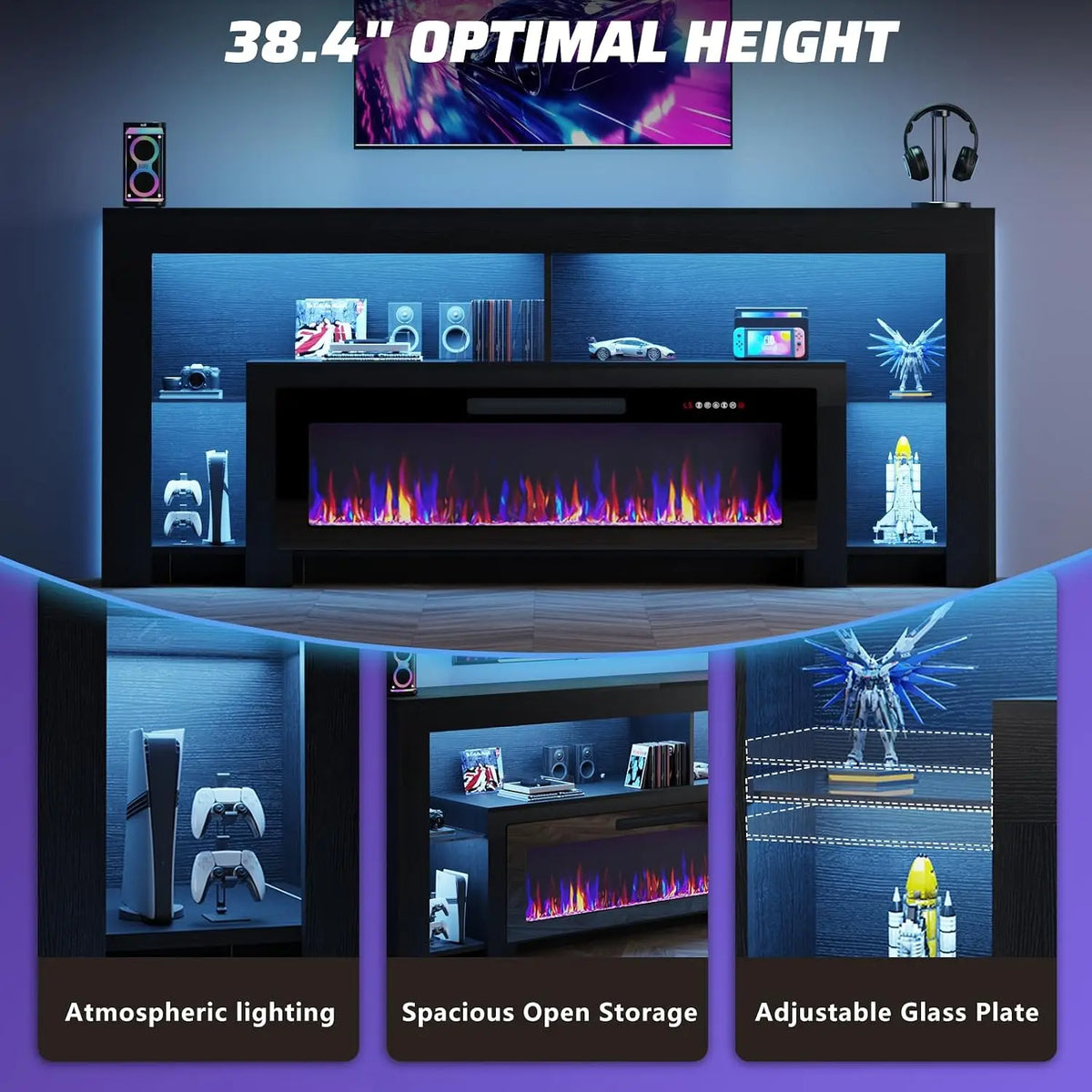 80" Modern Fireplace TV Stand with 50" Electric Fireplace Up to 90" TVs, Gaming Entertainment Center with 20 Color, Customized