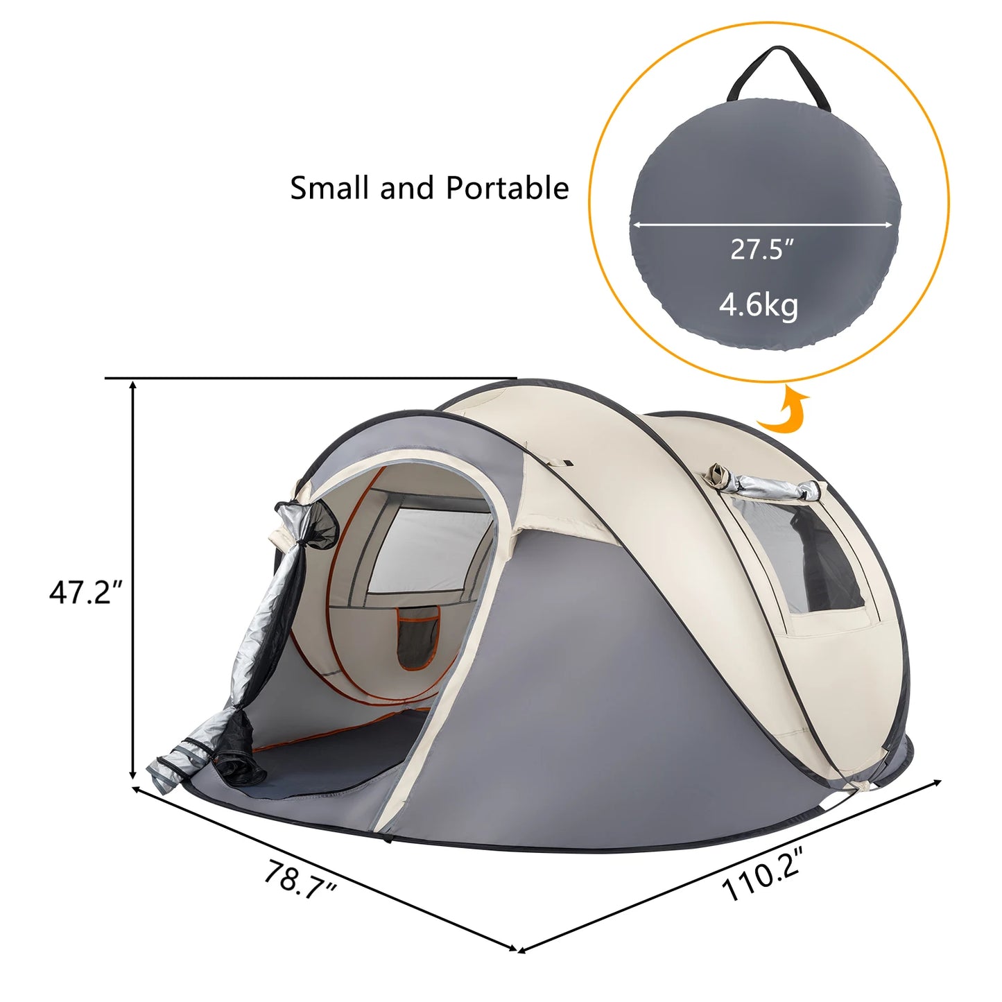 4 Person Pop Up Tent Instant Setup Family Camping Portable Waterproof 190T Polyester Fiberglass Poles with Vestibule Khaki
