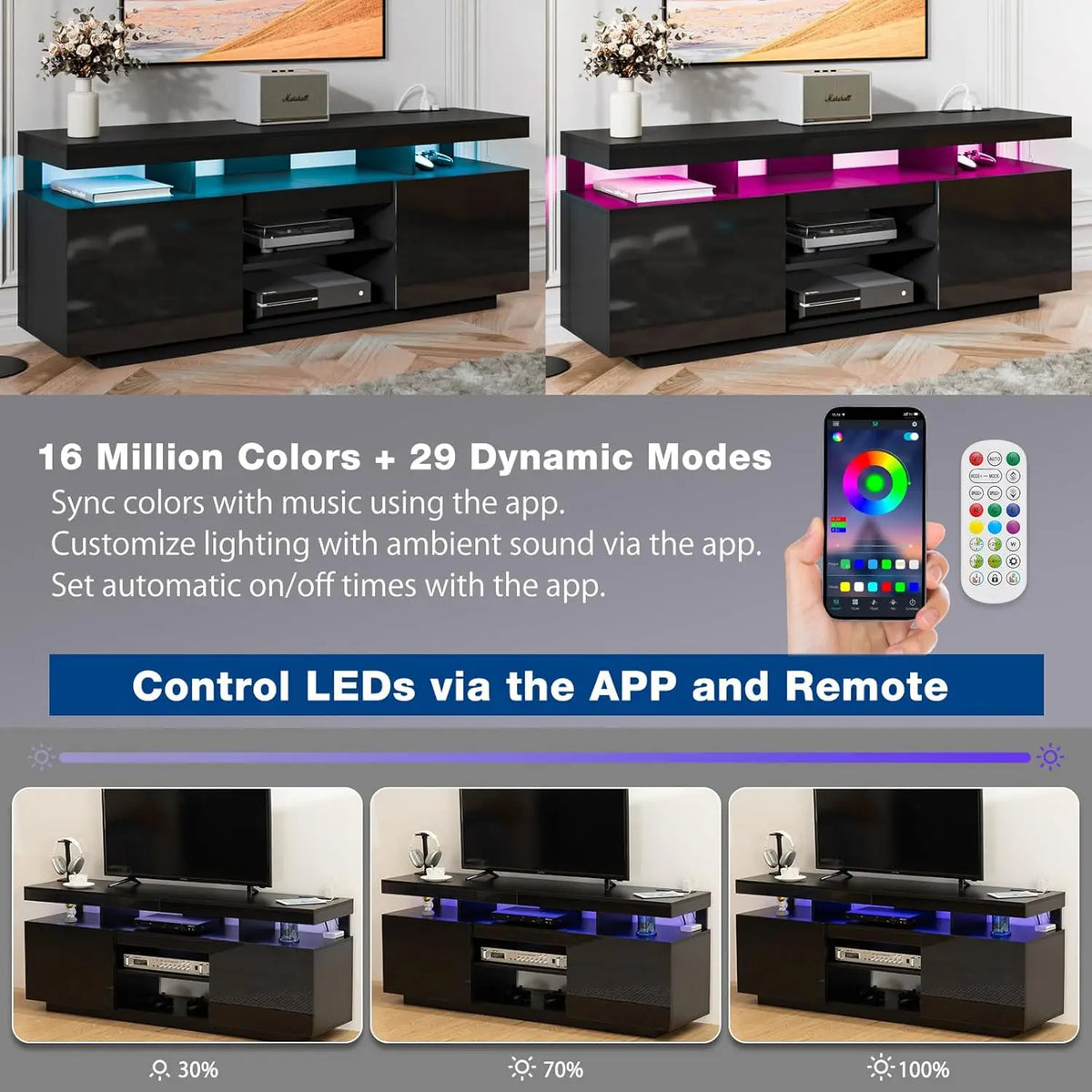 70 Inch LED TV Stand with Power Outlets, Modern Entertainment Center with LED Lights for Living Room, Black Grey, Customized