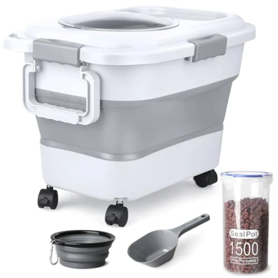 Dog Food Storage Container, 10-20 lbs Airtight Collapsible Cat Food Storage Container with Attachable Wheels, Portable Handle,