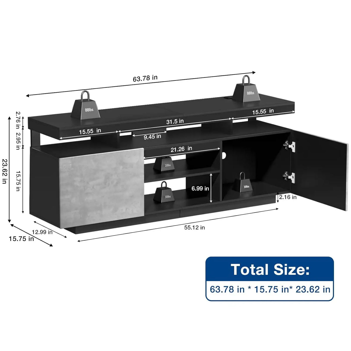 70 Inch LED TV Stand with Power Outlets, Modern Entertainment Center with LED Lights for Living Room, Black Grey, Customized