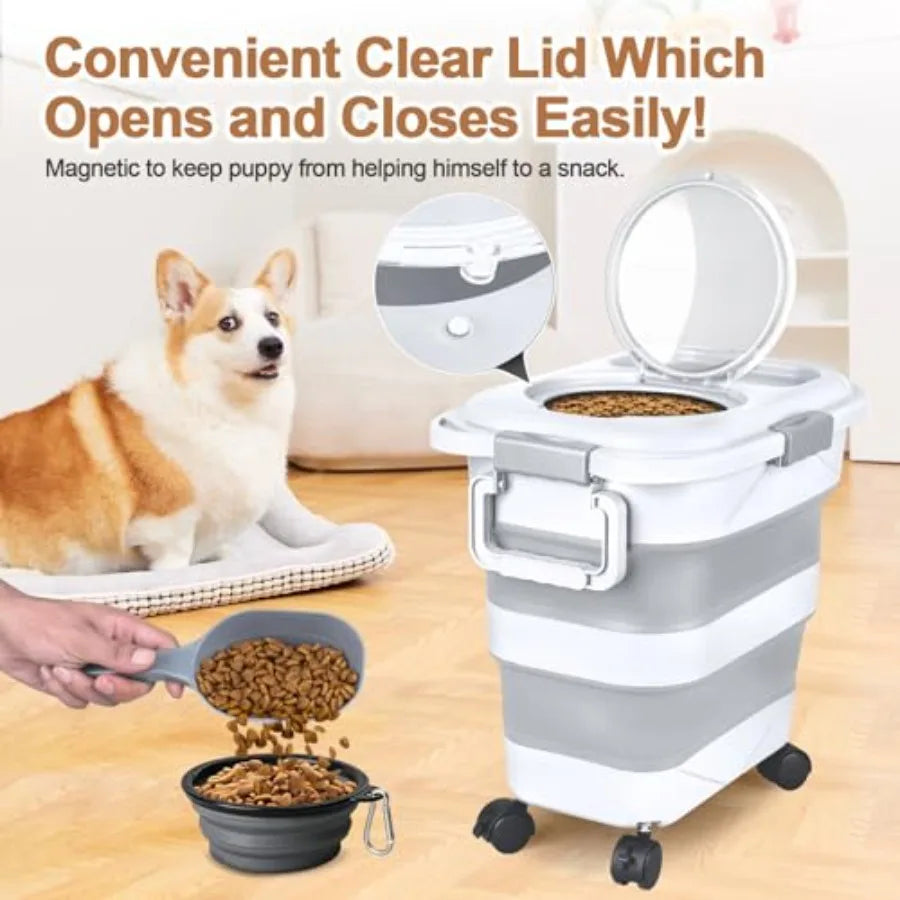 Dog Food Storage Container, 10-20 lbs Airtight Collapsible Cat Food Storage Container with Attachable Wheels, Portable Handle,
