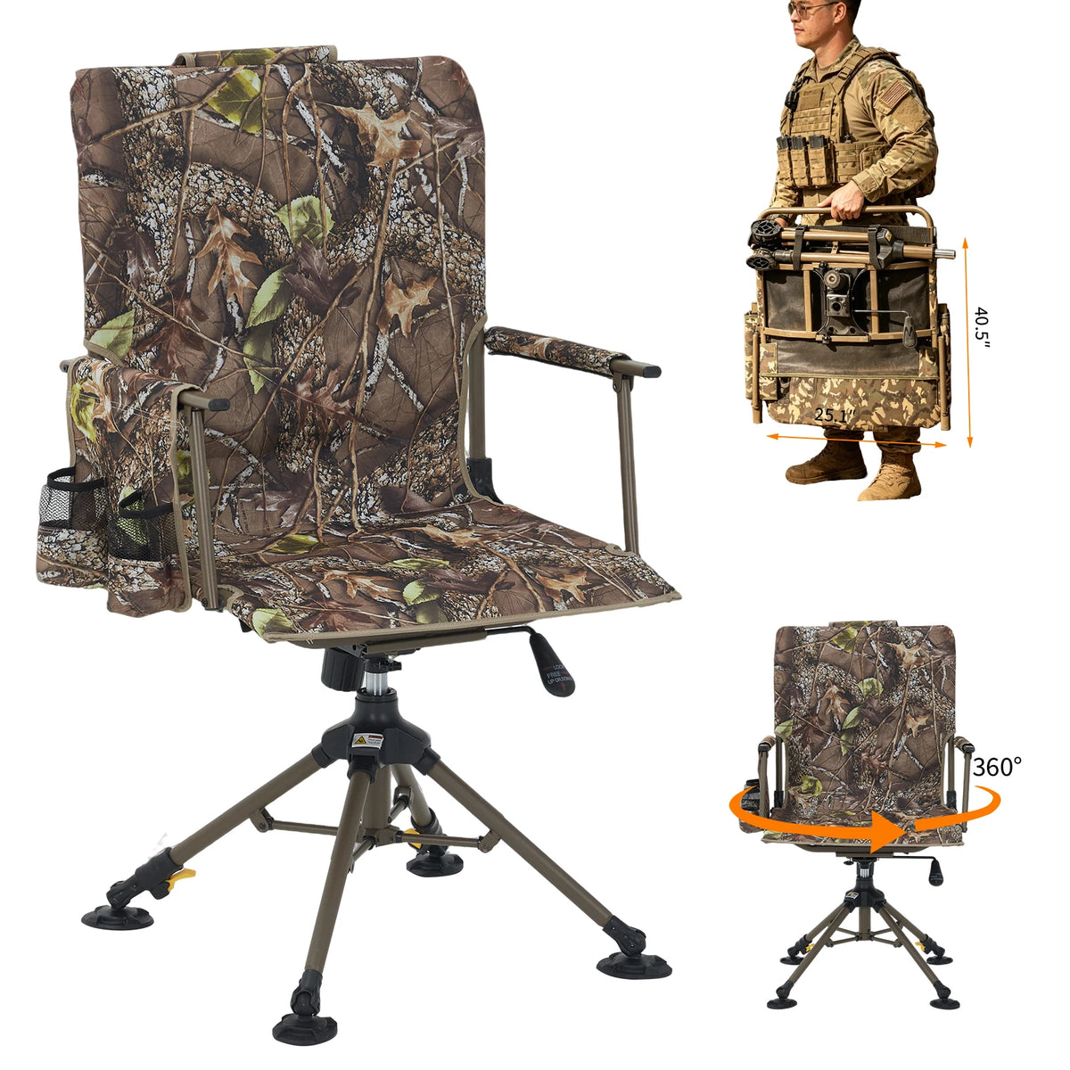 360° Swivel Folding Dining Chair Mesh Backrest Heavy-Duty Steel Frame 330 lb Capacity Leaf Camouflage Portable Camping Chair Hunting Hammock Seat Outdoors Low Down Hunting Seat for Fishing Camping
