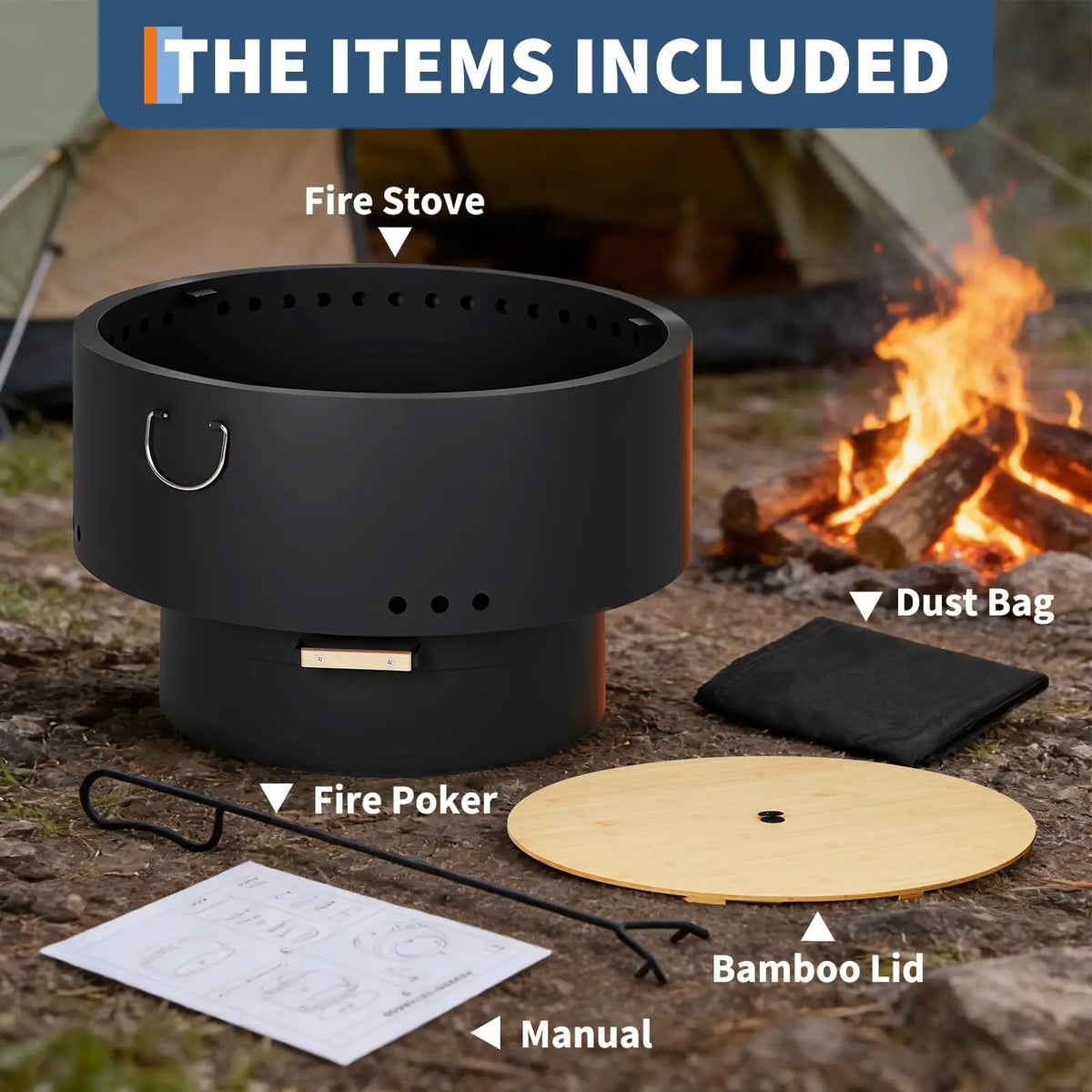 30 Inch Smokeless Fire Pit Table With Bamboo Lid, Removable Ash Pan And Carry Bag, Carbon Steel Outdoor Firepit For Patio Camping