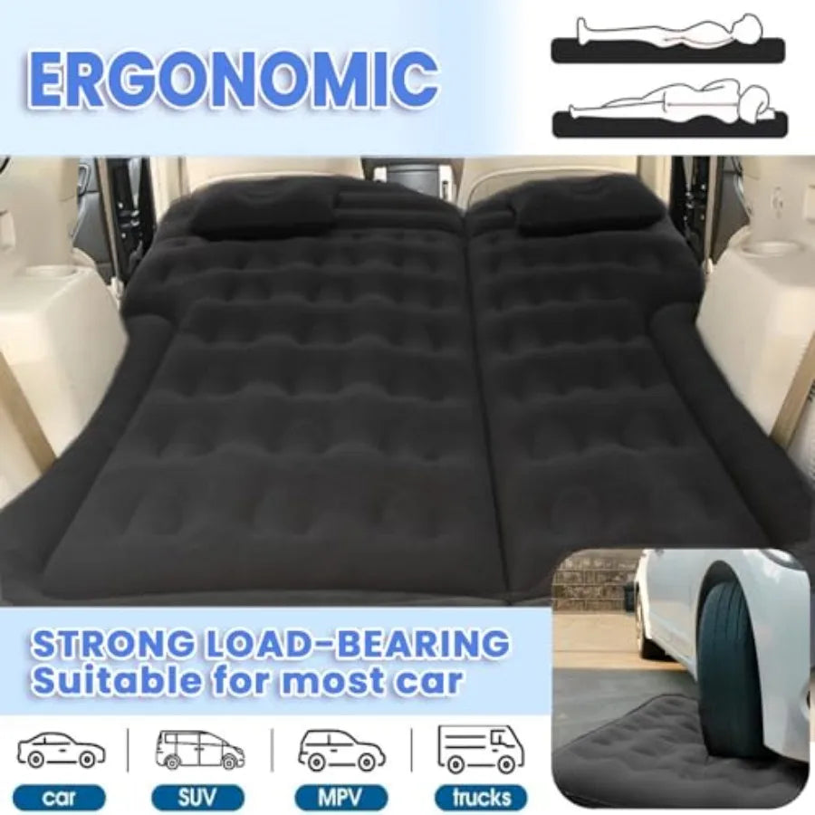 Car Air Mattress - Inflatable Bed for SUV RV Truck Backseat Trunk, Portable Camping Bed Flocked PVC Black Sleeping Mat for Vehi