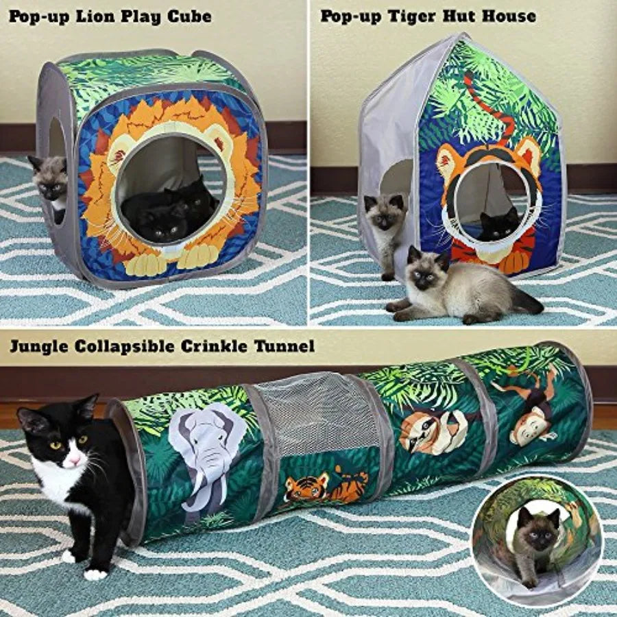 Safari Jungle Cat Play Set, Collapsible Pop-Up Cat Toys Combo with Cube, Tunnel and Hideout, Interactive Indoor Kitty Playhouse