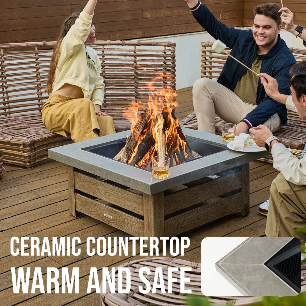 34 Inch Iron Wood-Burning Fire Pit Table, Natural Wood Color Outdoor Stove with Square 34 By 34 By 19.70 Inch Size, 65.80 Pound Weight, Iron Construction, Package 36.80 By 36.80 By 7.50 and Patio Backyard Garden Gathering Use
