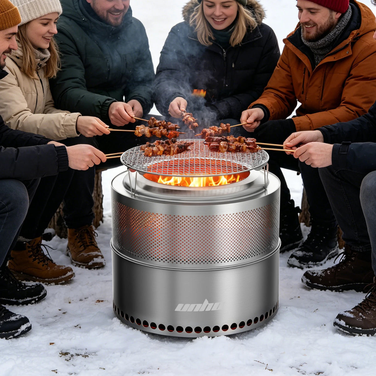 UNHO19-inch smokeless fire pit, used for outdoor wood burning, portable 304 stainless steel camping stove, perforated fireplace, suitable for outdoor heating, hunting, barbecue and ice fishing.