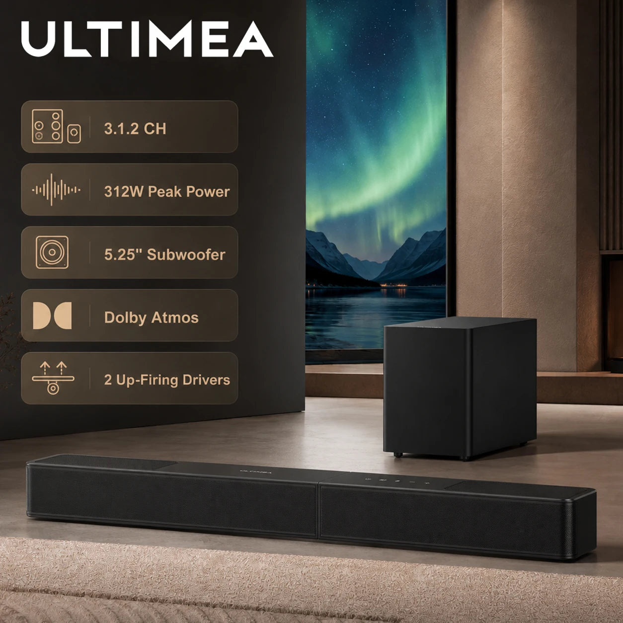 ULTIMEA Poseidon M70 312W 3.1.2ch Dolby Atmos Soundbar with 5.25'' Wireless Subwoofer&2 Up-Firing Drivers, Home Theater Speaker