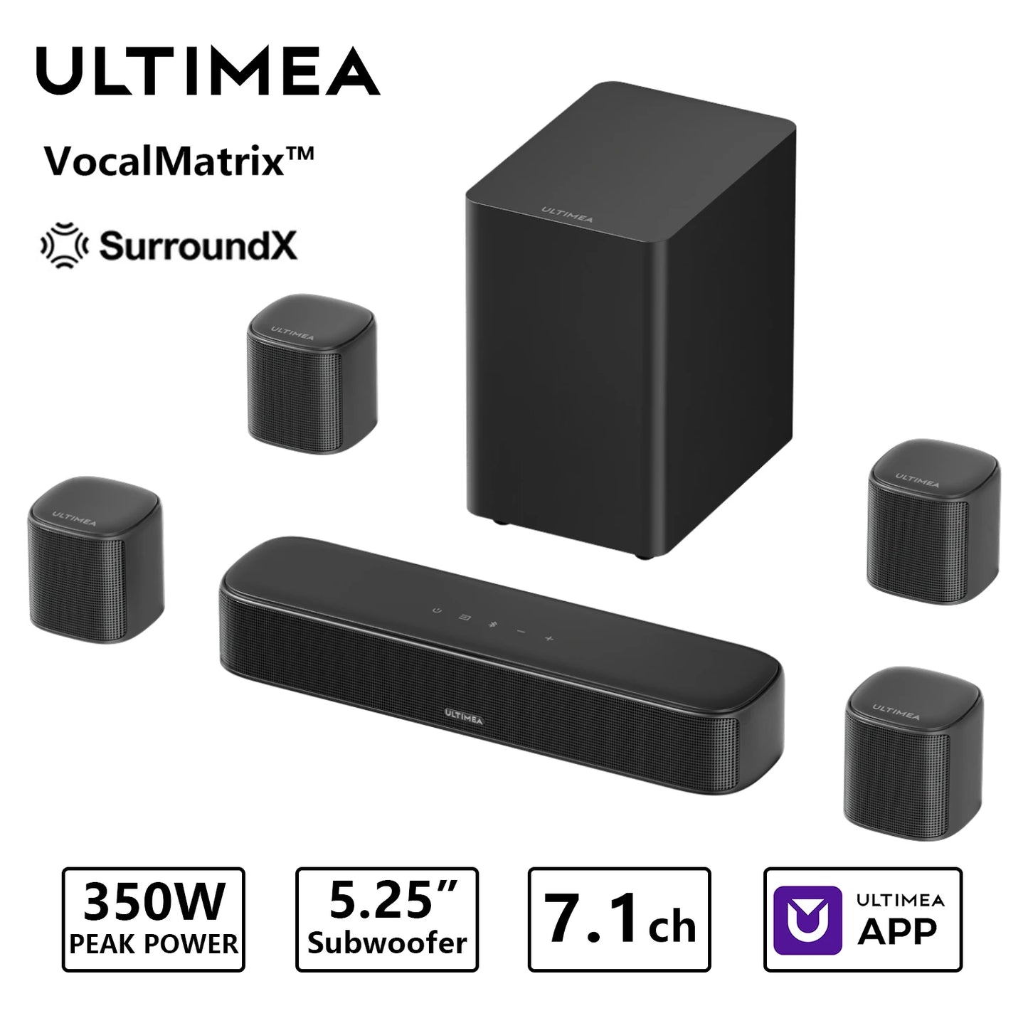 ULTIMEA 350W 7.1ch Virtual Surround Soundbar, Home Theater TV Sound Bar with Subwoofer&4 Surround Speakers, Smart App Control