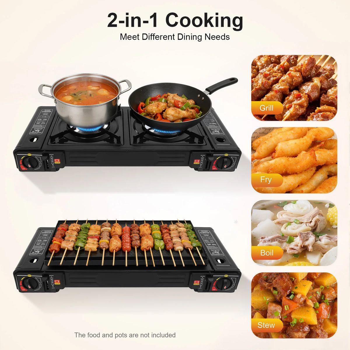 2 Burners Portable Camping Stove Aluminum Iron Plastic Spray Non-stick Coating Heat Rust Resistant Dual Gas Barbecue Cooker 2500W Single Independent Knob Adjustable Fire Outdoor Tabletop Gas Grill For Camping Picnic RV