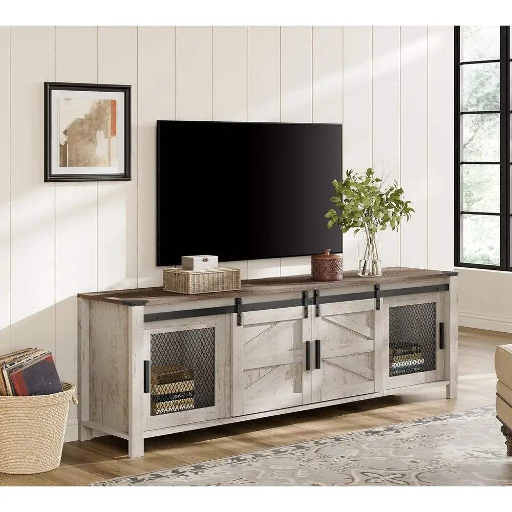 Wooden TV Stand for 75 TVs, Entertainment Center with Mesh Door, Storage Shelves, Rustic Oak and White