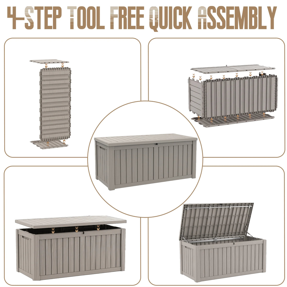 Oversized 120 Gallon Vertical Wood-Look Resin Outdoor Storage Box, All Season Lockable Deck Organizer for Large Patio Cushions & Yard Care Gear