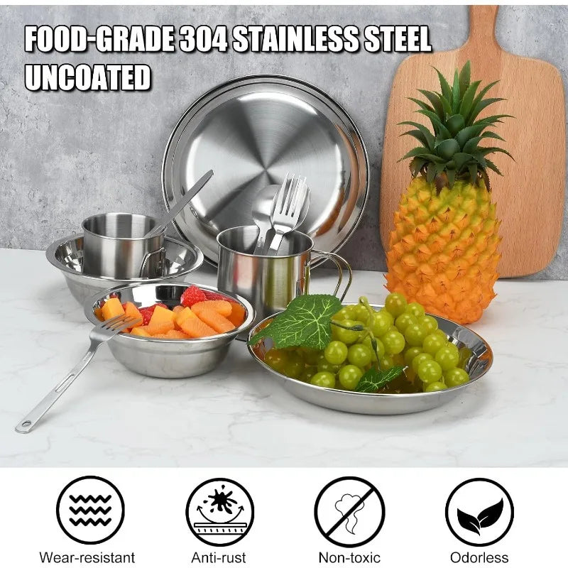 1Set/15Pcs Stainless Steel Plates and Bowls Camping Plates Reusable Steel Snack Bowls Feeding Serving Dinner Dishes Double Walled Insulated for Men Wome