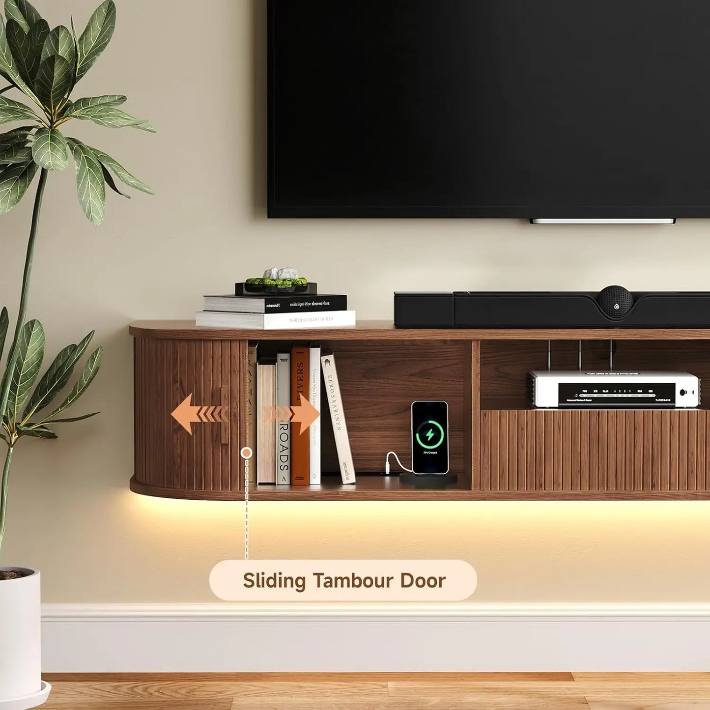 70 Inch Smart Floating TV Stand with LED Lights & Power Outlet - App Control Entertainment Center for 80" TVs, Mid-Century Modern Fluted Wood Design Living Room Storage Cabinet,Walnut