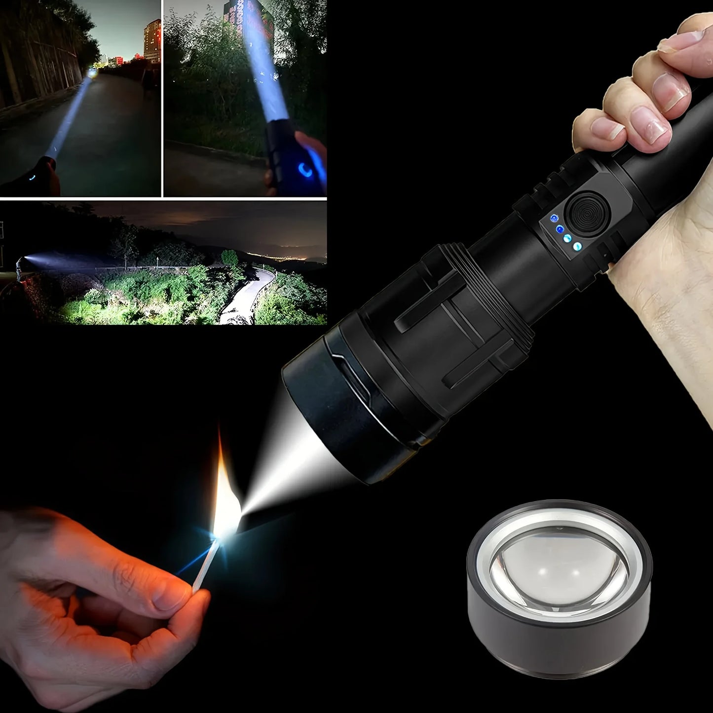 Zoomable LED Flashlight with Lens Ignition Function, Rechargeable High Power Tactical Flashlight, USB Charging Portable Torch with Power Indicator Light, Perfect for Outdoor Camping, Survival & Emergency Use