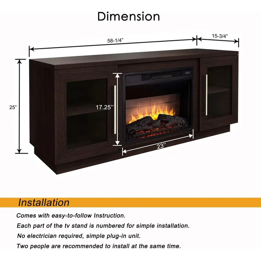 65 TV Stand with Wooden Media Center, 6 Shelves, Barn Door, Electric Fireplace, Remote & Adjustable Flame