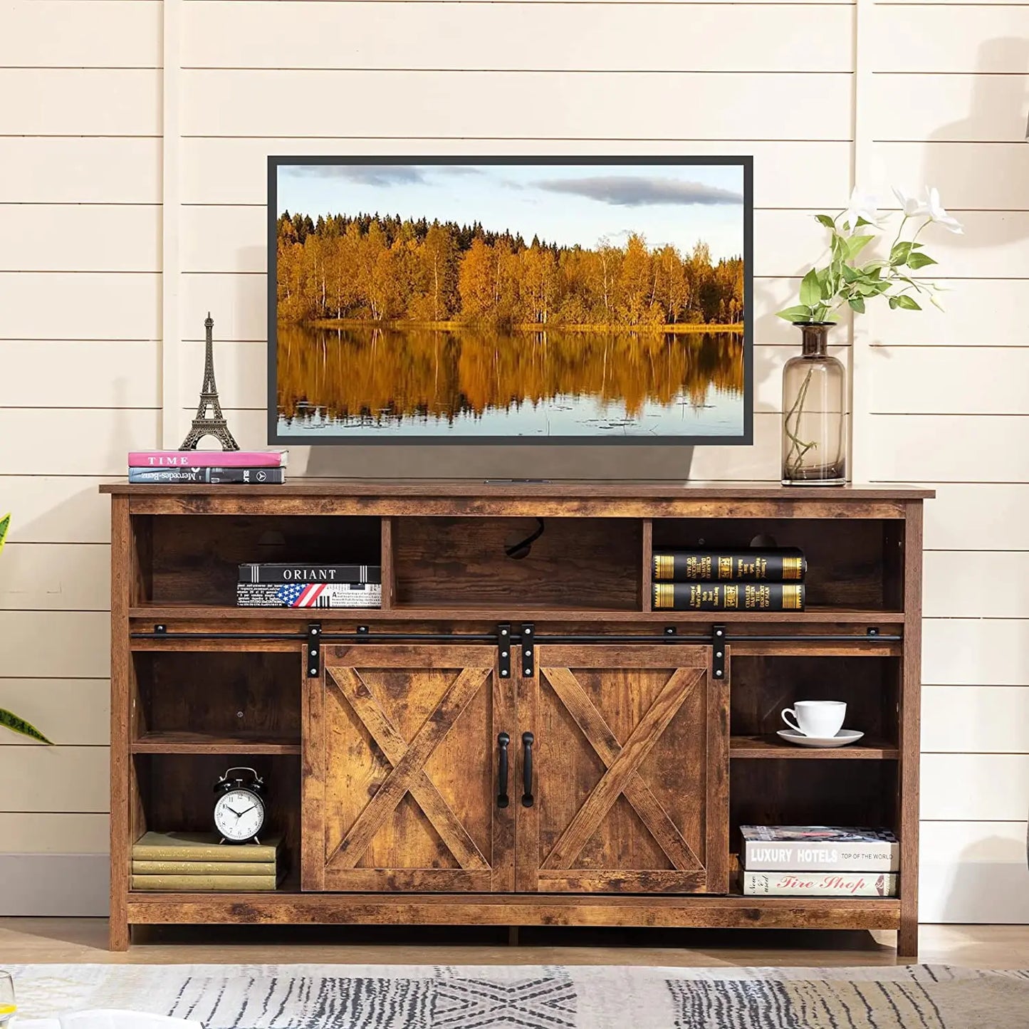 TV Stand Farmhouse Coffee Bar Cabinet Rustic Sliding Barn Door Storage Cabinet with Power Outlet & LED Light, Wooden TV Cabinet