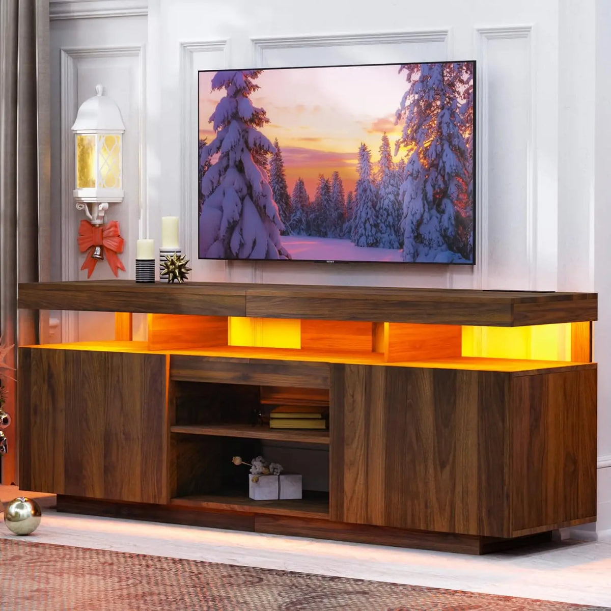 70 Inch LED TV Stand with Power Outlets, Modern Entertainment Center with LED Lights for Living Room, Black Grey, Customized