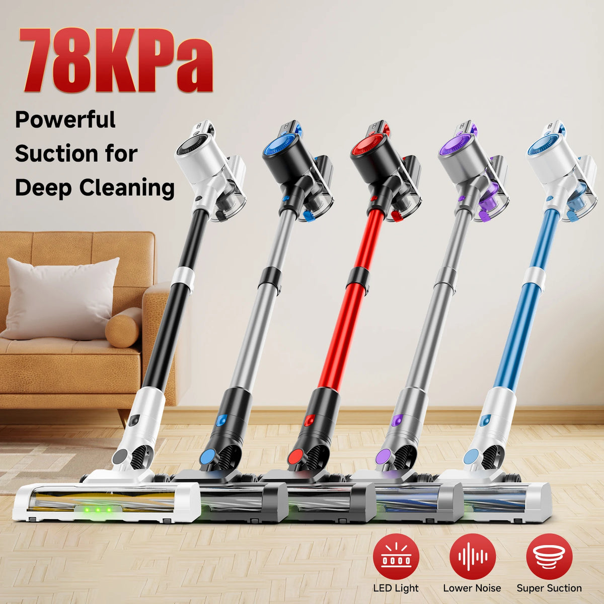 Honki 78KPa Powerful Cordless Vacuum Cleaner LED Display 45Mins Self Standing Stick Vacuum 1.5L Large Dust Cup for Pet Hair Carpet Floor