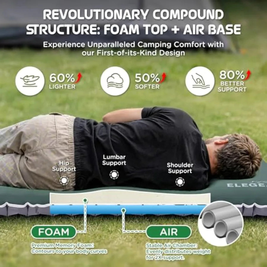 Camping mattress for outdoor travel, memory foam and air, gray, ultra-thick 4-inch with R-Value 9.5 for 4-season use