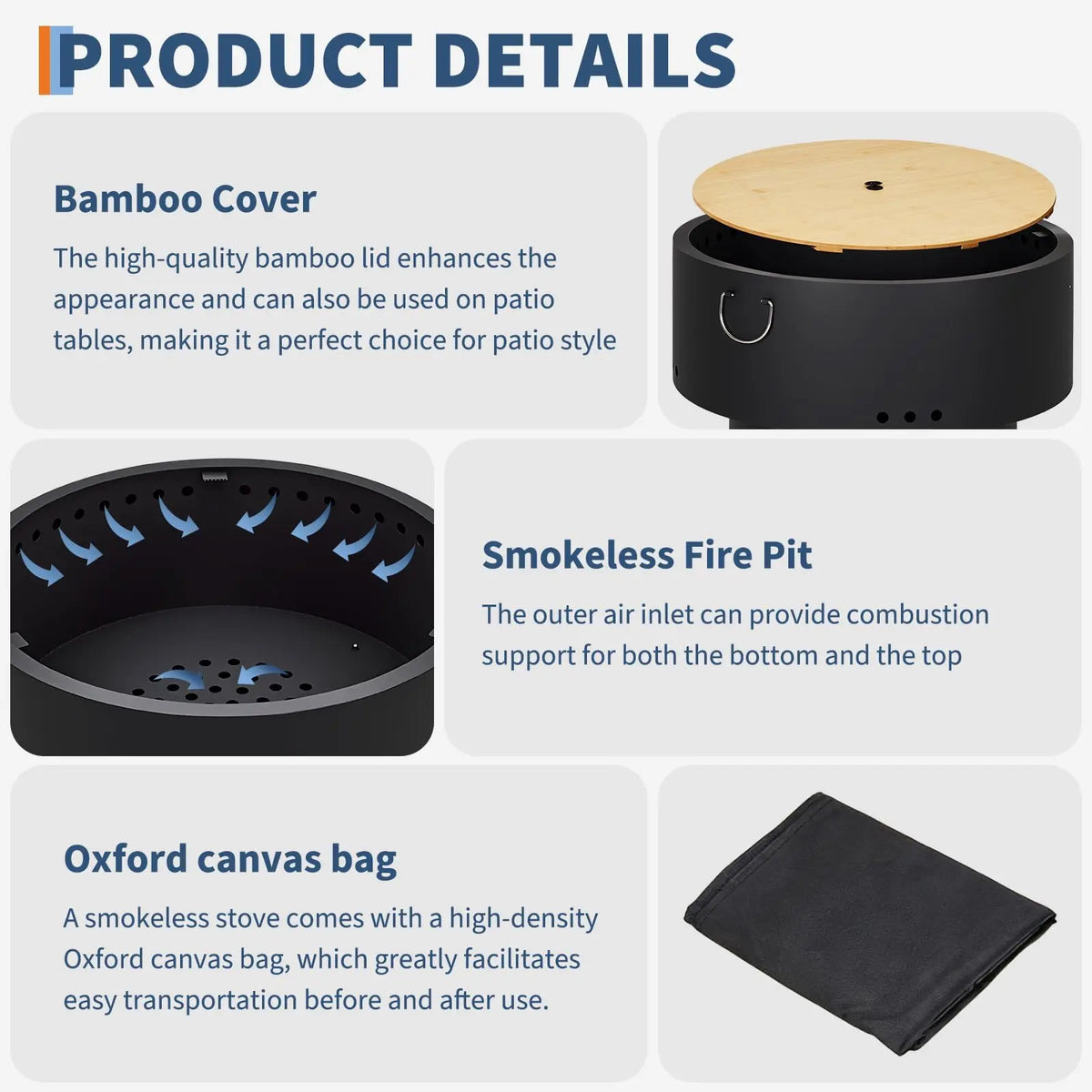 30 Inch Smokeless Fire Pit Table With Bamboo Lid, Removable Ash Pan And Carry Bag, Carbon Steel Outdoor Firepit For Patio Camping