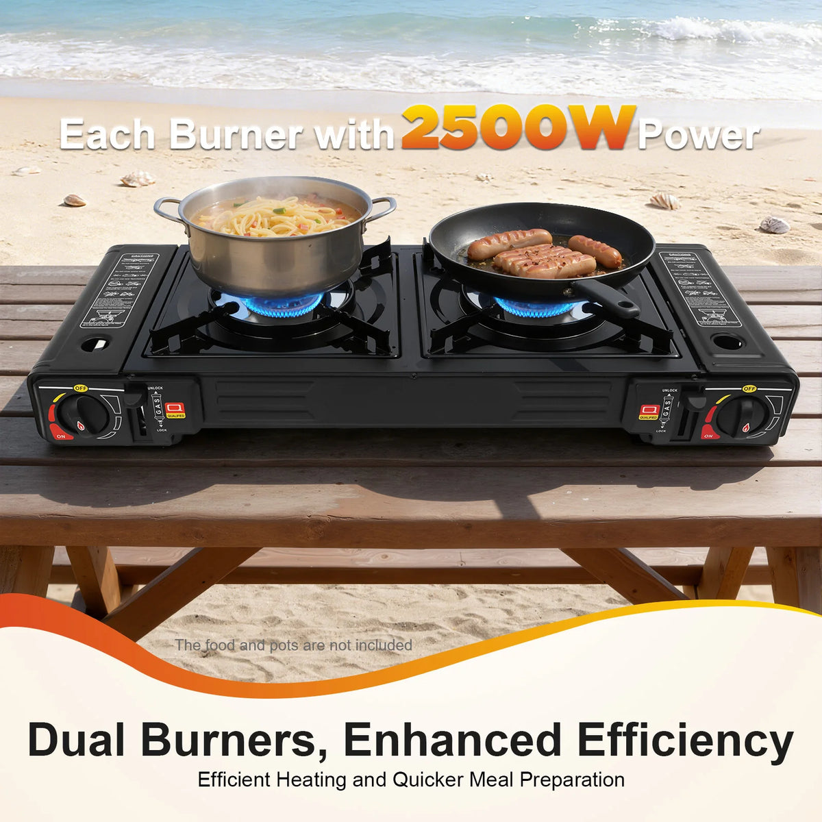 2 Burners Portable Camping Stove Aluminum Iron Plastic Spray Non-stick Coating Heat Rust Resistant Dual Gas Barbecue Cooker 2500W Single Independent Knob Adjustable Fire Outdoor Tabletop Gas Grill For Camping Picnic RV
