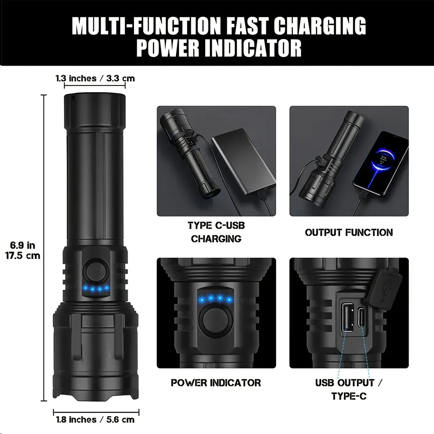 Zoomable LED Flashlight with Lens Ignition Function, Rechargeable High Power Tactical Flashlight, USB Charging Portable Torch with Power Indicator Light, Perfect for Outdoor Camping, Survival & Emergency Use