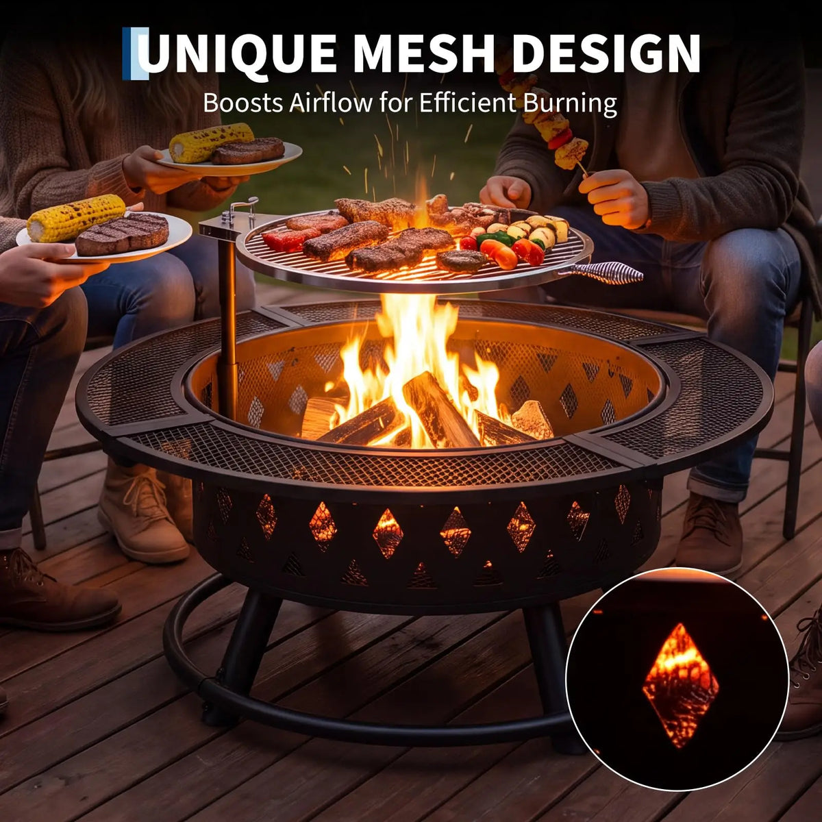 39 Inch Wood Burning Fire Pit With Grill Grate, Round Outdoor Firepit Table With Mesh Guard For Patio Backyard Bbq Camping