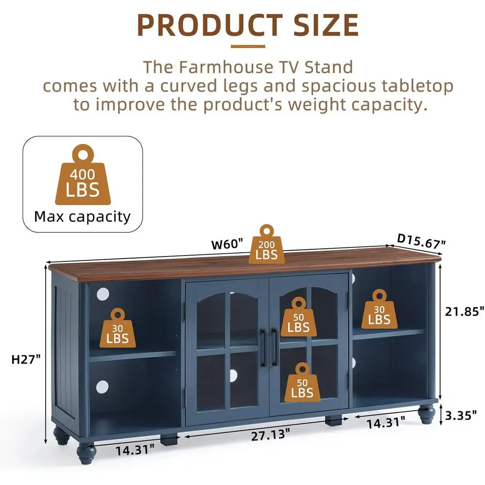 armhouse TV Stand or 60 Inch TV, Wood Entertainment Center with Adjustable Shelves & Glass Door Storage Cabinet,Teion Stands or