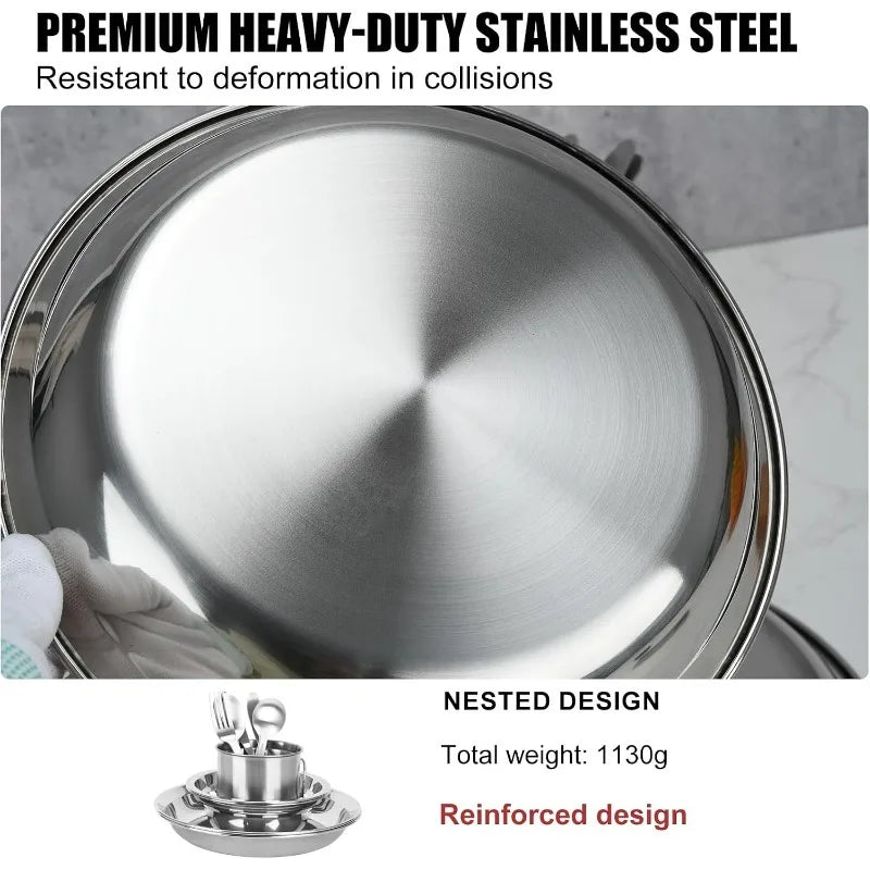 1Set/15Pcs Stainless Steel Plates and Bowls Camping Plates Reusable Steel Snack Bowls Feeding Serving Dinner Dishes Double Walled Insulated for Men Wome