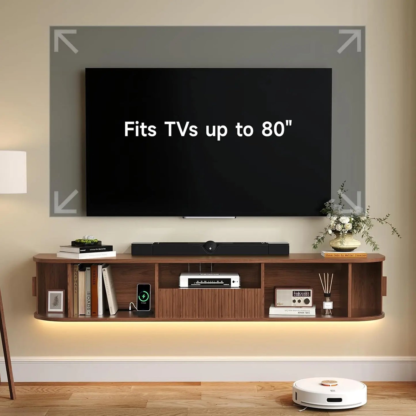 70 Inch Smart Floating TV Stand with LED Lights & Power Outlet - App Control Entertainment Center for 80" TVs, Mid-Century Modern Fluted Wood Design Living Room Storage Cabinet,Walnut