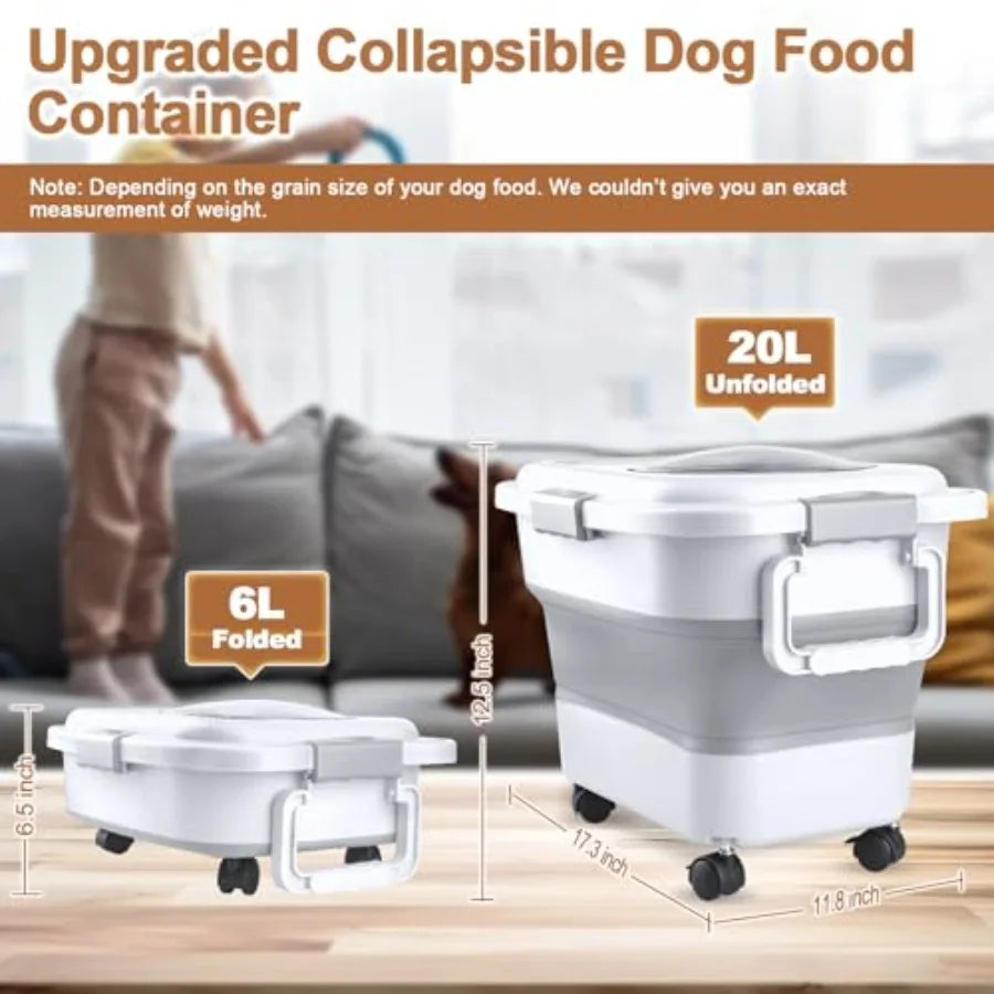 Dog Food Storage Container, 10-20 lbs Airtight Collapsible Cat Food Storage Container with Attachable Wheels, Portable Handle,