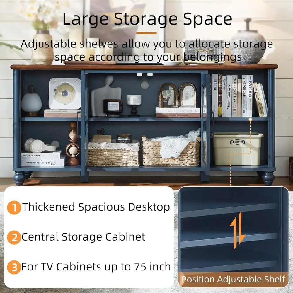 armhouse TV Stand or 60 Inch TV, Wood Entertainment Center with Adjustable Shelves & Glass Door Storage Cabinet,Teion Stands or