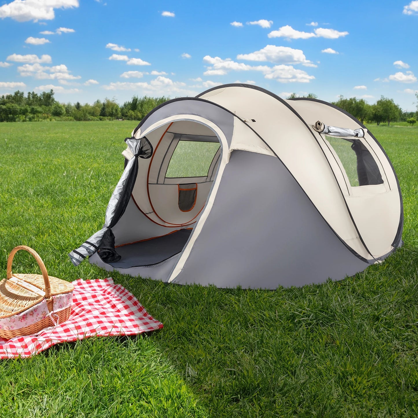 4 Person Pop Up Tent Instant Setup Family Camping Portable Waterproof 190T Polyester Fiberglass Poles with Vestibule Khaki