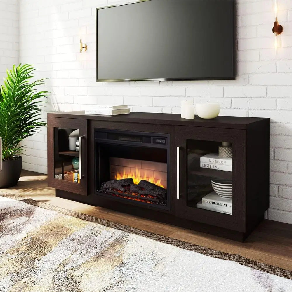 65 TV Stand with Wooden Media Center, 6 Shelves, Barn Door, Electric Fireplace, Remote & Adjustable Flame