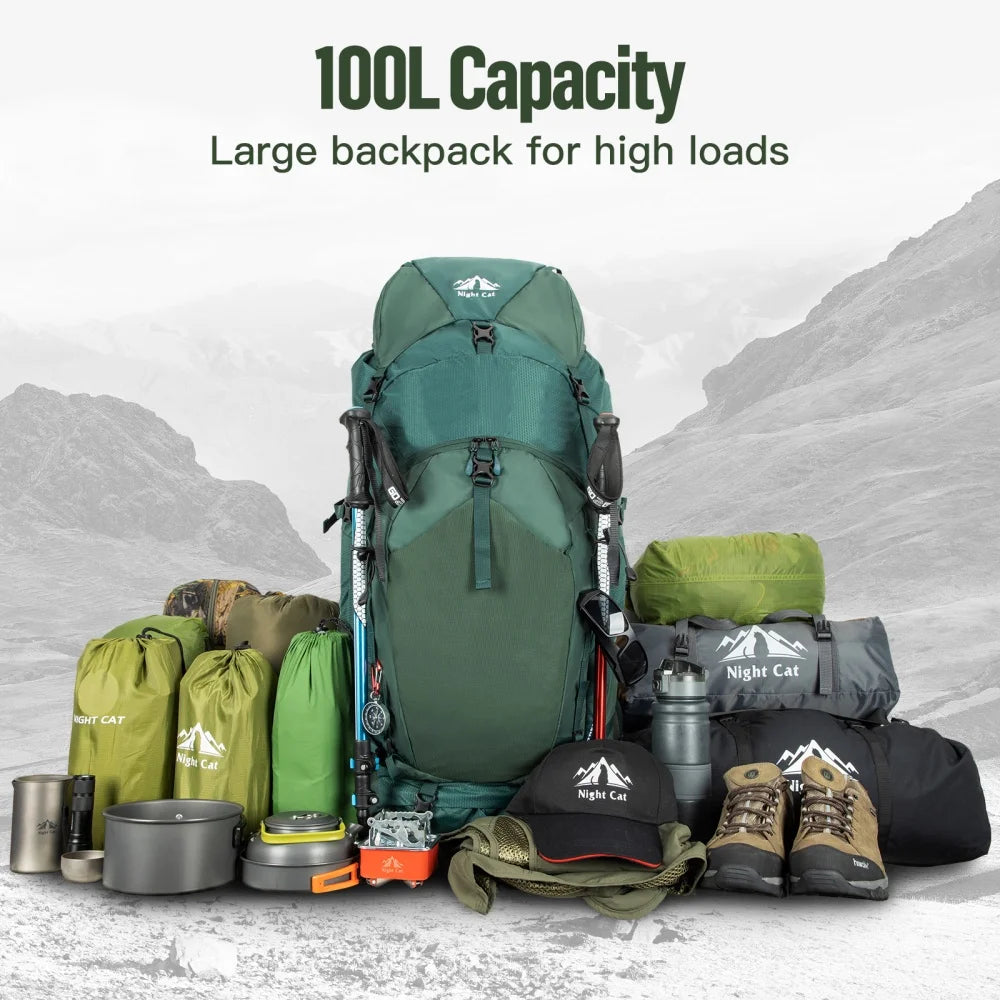 Night Cat Internal-frame Hiking Backpack: 100L Large Camping Backpack for Men Women Hiking Climbing Traveling Waterproof Rain Cover