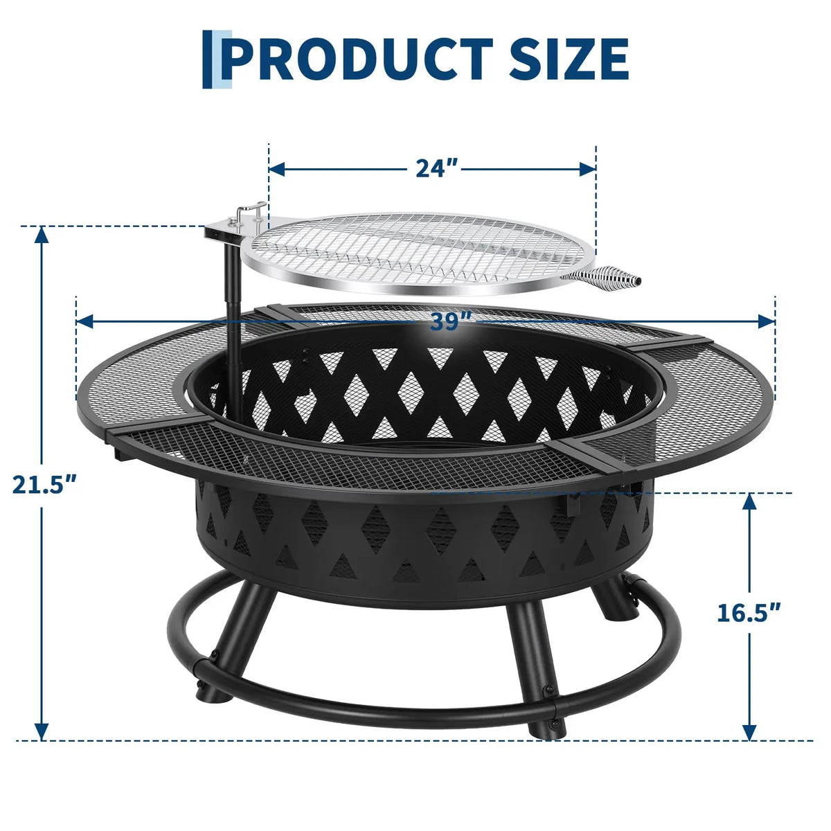 39 Inch Wood Burning Fire Pit With Grill Grate, Round Outdoor Firepit Table With Mesh Guard For Patio Backyard Bbq Camping