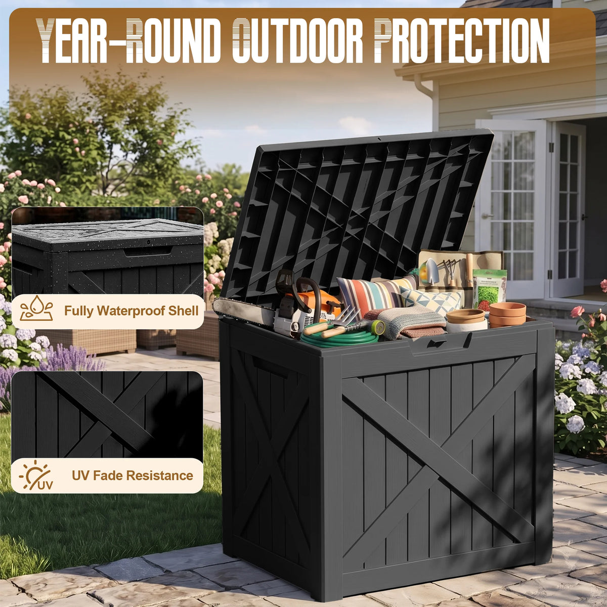 35 Gallon Lockable Outdoor Storage Box Waterproof Resin Patio Deck Box Small Backyard Storage Container