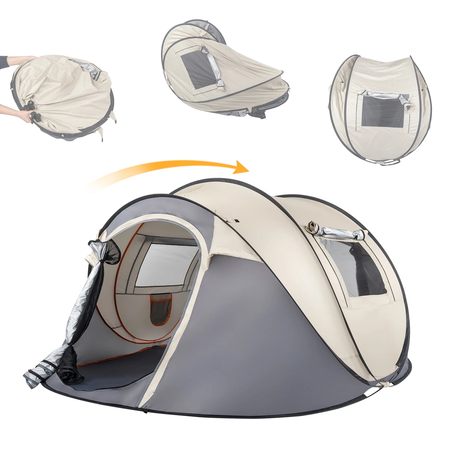 4 Person Pop Up Tent Instant Setup Family Camping Portable Waterproof 190T Polyester Fiberglass Poles with Vestibule Khaki