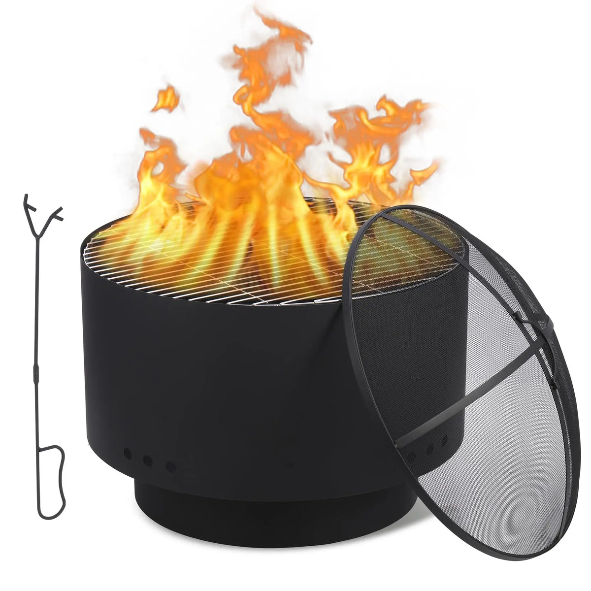 26 Inch Smokeless Wood Burning Fire Pit With Cooking Grate, Mesh Lid, Poker & Cover, Portable Outdoor BBQ Bonfire Pit For Patio Camping