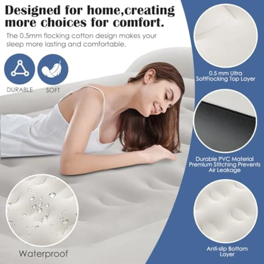 Camping Home Guest Air Mattress, PVC Flocked Top, Gray, 3-Minute Fast Inflation/Automatic Deflation